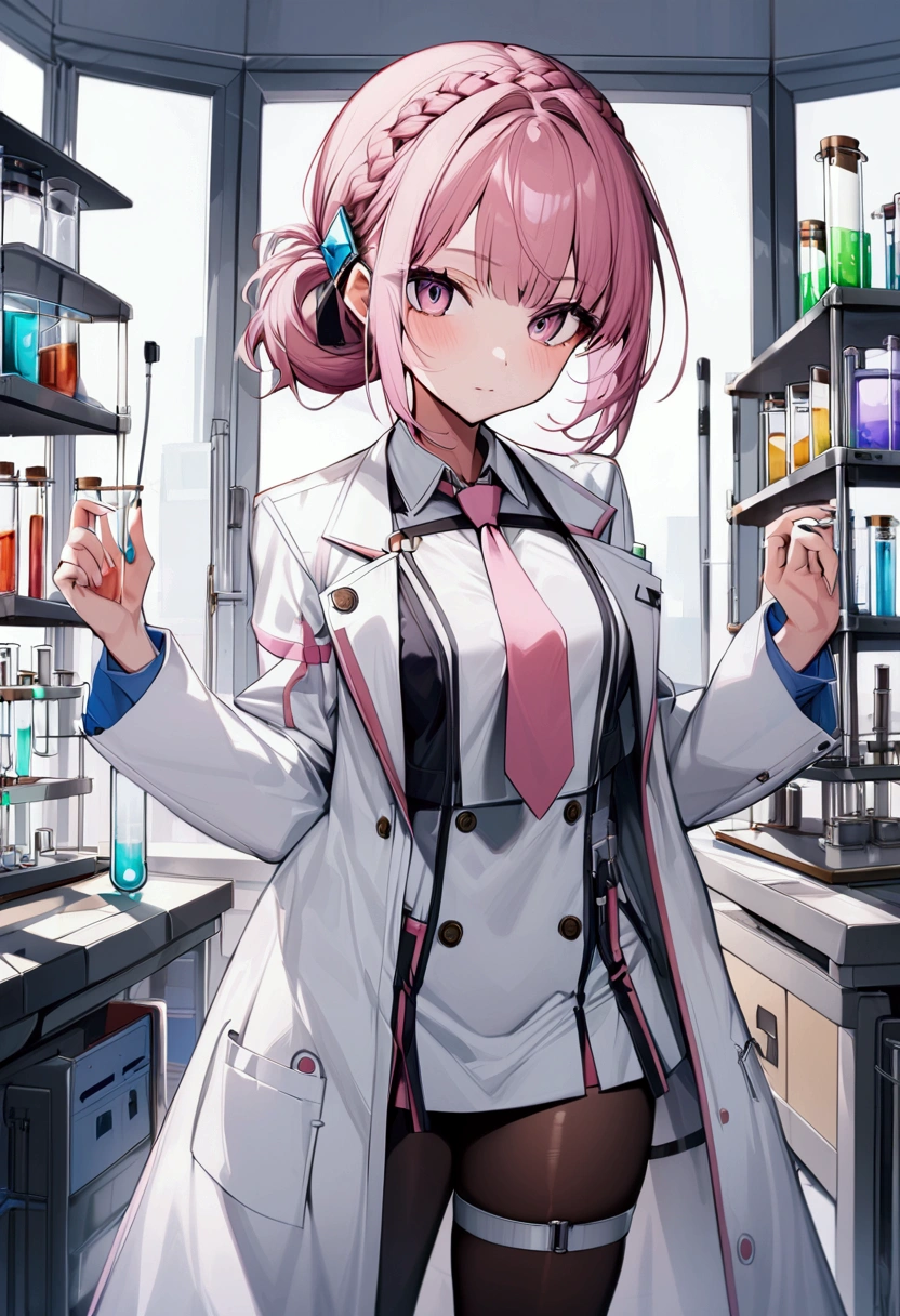 koyo_lab, 1girl, solo, pantyhose, skirt, necktie, test tube, crown braid, pink necktie, white shirt, shirt, looking at viewer, hair ornament, labcoat, crop top, thigh strap, standing,laboratory