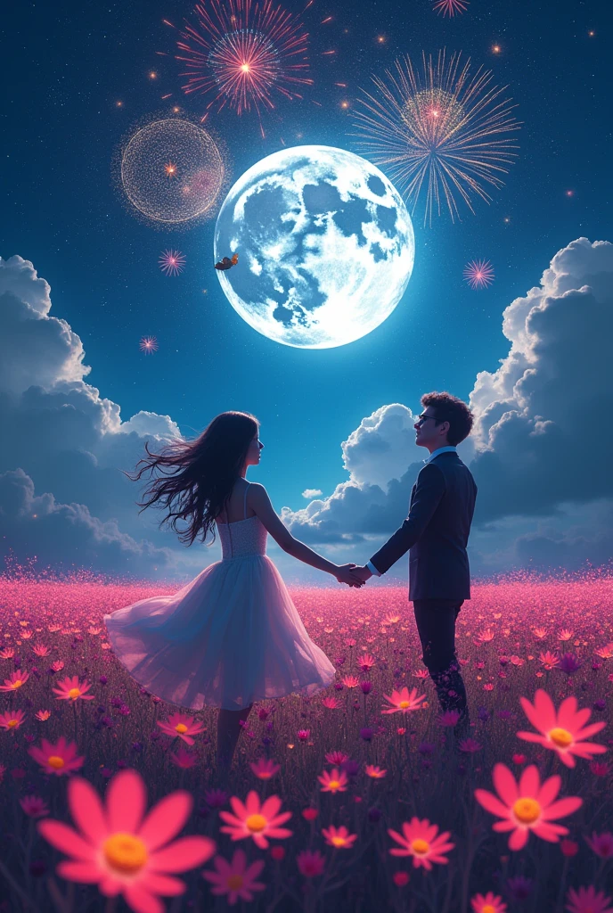 Field, ((Field of neon flowers)),There is no one , Darkness of the Night、Starry Sky、Big beautiful full moon、Flowing Clouds。A fantastic erfly flutters. Fireworks in the sky. A girl wearing a white dress is dancing with a boy wearing black shirt and pant