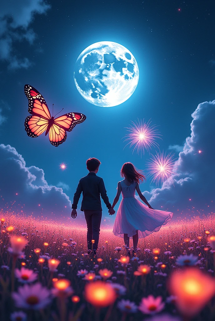 Field, ((Field of neon flowers)),There is no one , Darkness of the Night、Starry Sky、Big beautiful full moon、Flowing Clouds。A fantastic butterfly flutters. Fireworks in the sky. A girl wearing a white dress is dancing with a boy wearing black shirt and pant