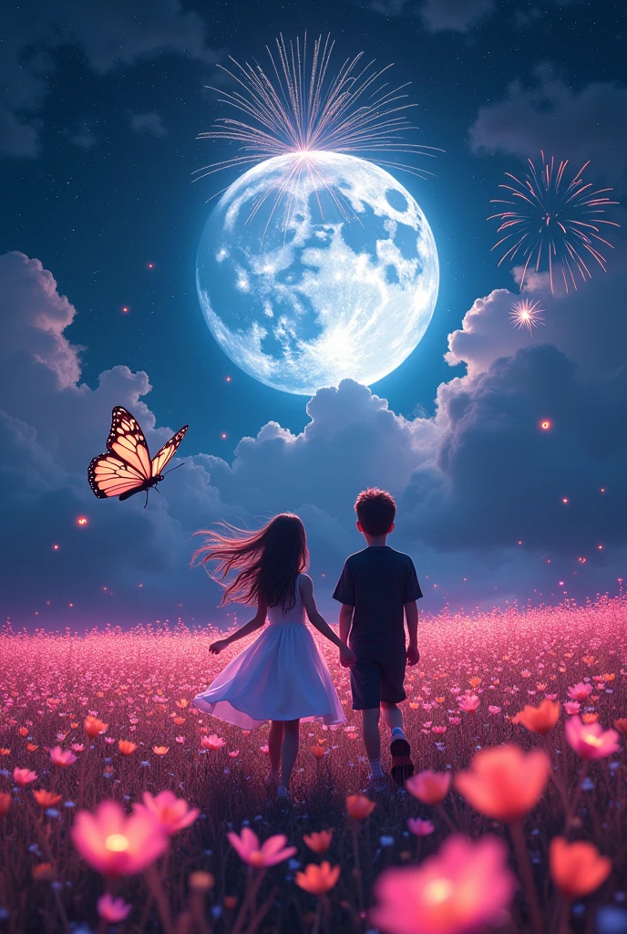 Field, ((Field of neon flowers)),There is no one , Darkness of the Night、Starry Sky、Big beautiful full moon、Flowing Clouds。A fantastic butterfly flutters. Fireworks in the sky. A girl wearing a white dress is dancing with a boy wearing black shirt and pant