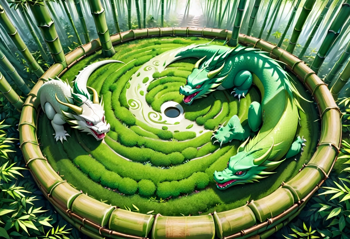 Bamboo Forest, 2 fantasy oriental dragons Yin and Yang chase one another in circles disturbing the canopy of the forest, high fantasy, viewed from above looking down at an angle
