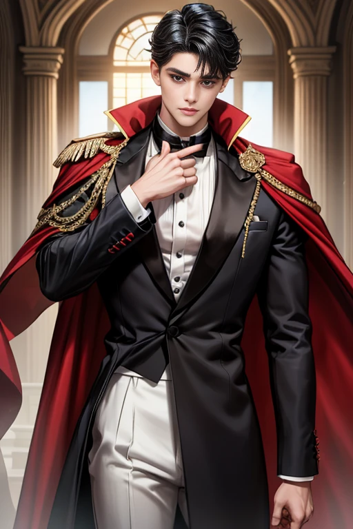 masterpiece, 最high quality, high quality, 1 boy, alone, Male focus, Upper Body,Watching the audience, Messy black hair, Adorable big blue eyes, White, Noble, Noble,A black and red cape that is bursting with sexy volume、Tuxedo、A very voluminous, large, very large, very large, long, long red and black cape with a high stand-up collar, made of a lot of fabric that reaches down to the floor., ,cute beautiful,Cute, cute, kind, handsome guy