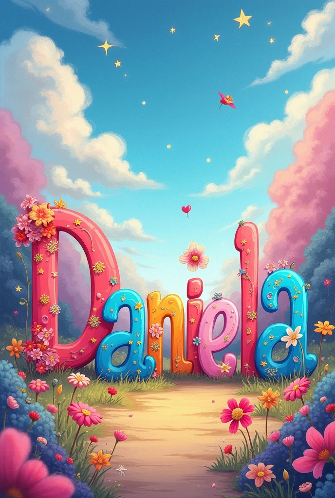 Please, create a striking image that includes the name of "Daniela’. The image should be appealing, in Disney style using vibrant colors, Avoid putting people, just the letters of the name.