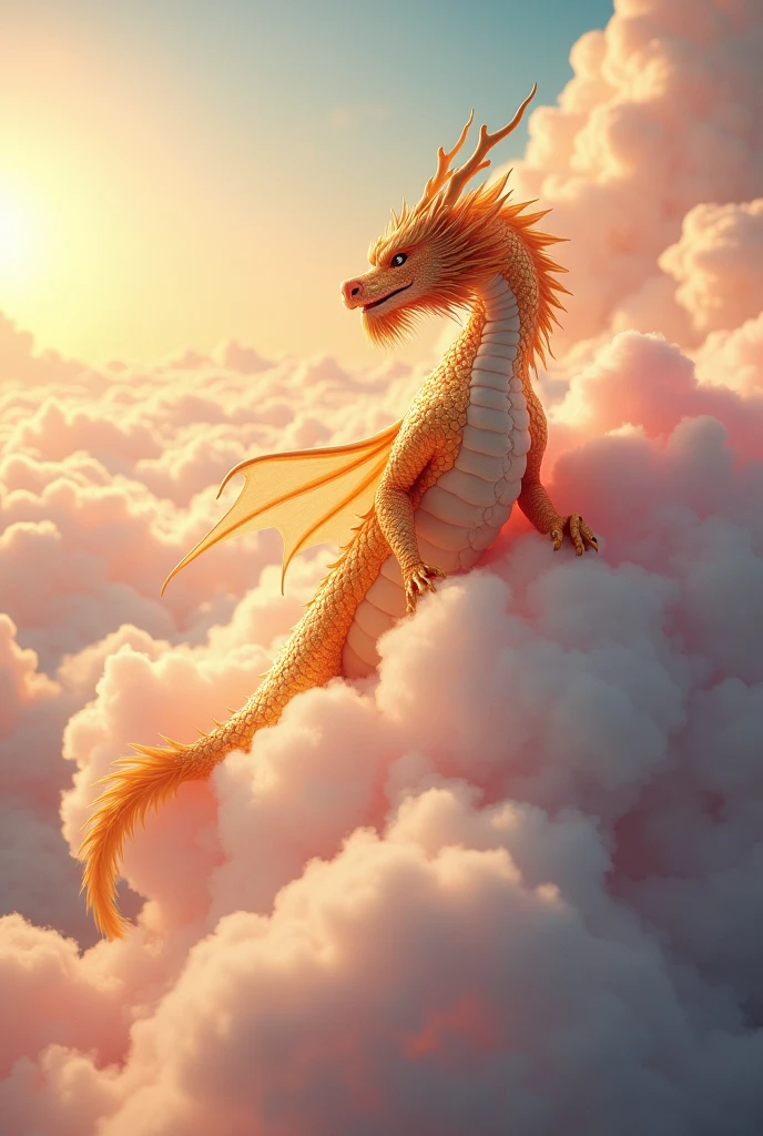 masterpiece, Highest quality,Japan Dragon God、golden dragon、smiling gently、With fluffy fur。An image of ascending to the heavens。The background is a sea of clouds