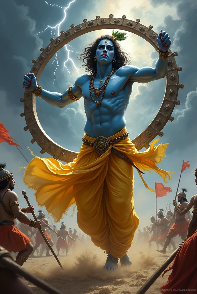 Krishna lifting chariot wheel horizontally like sudarshan chakra with anger