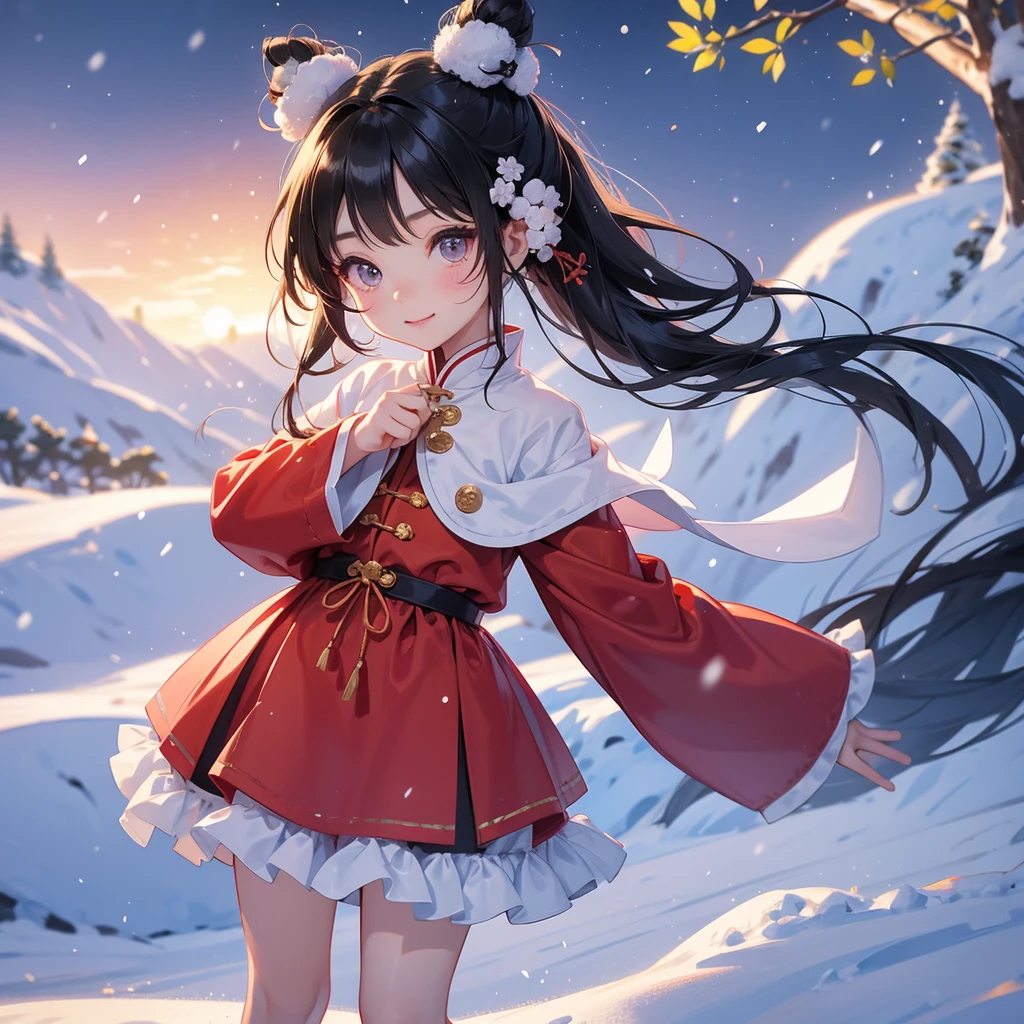 A chibi child girl had a small face and Wearing a little Taoist priest's outfit. A pair of big round eyes shone with curiosity about him. This child was so cute! Amidst the pure white snow, the snow is falling lightly, watching the snow fall one by one, her hair is black with two buns on her hair.small chibi, chibi baby, smiling ,Chibi. Sunset.
The snow is falling, black hair with two buns.