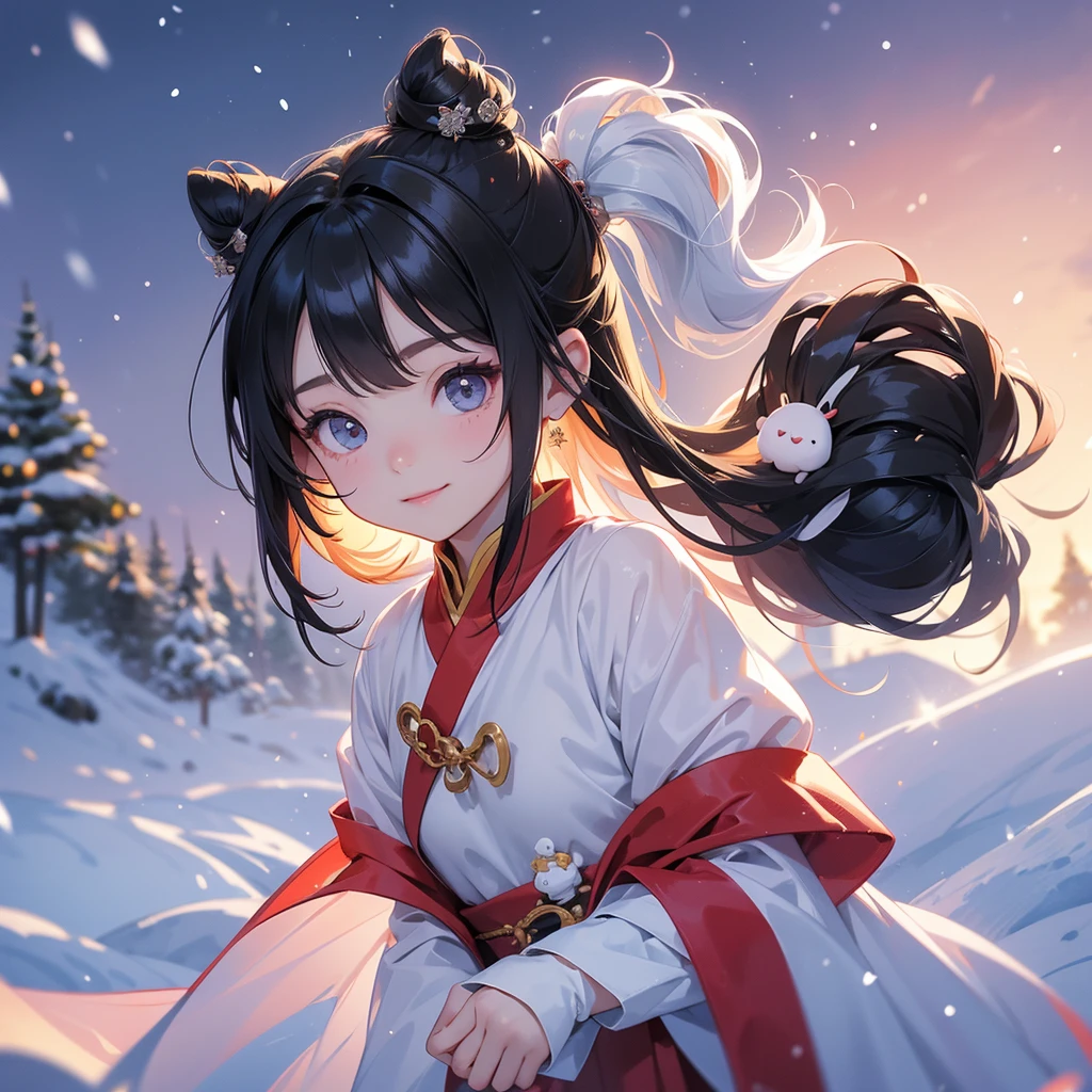 A chibi child girl had a small face and Wearing a little Taoist priest's outfit. A pair of big round eyes shone with curiosity about him. This child was so cute! Amidst the pure white snow, the snow is falling lightly, watching the snow fall one by one, her hair is black with two buns on her hair.small chibi, chibi baby, smiling ,Chibi. Sunset.
The snow is falling, black hair with two buns.
