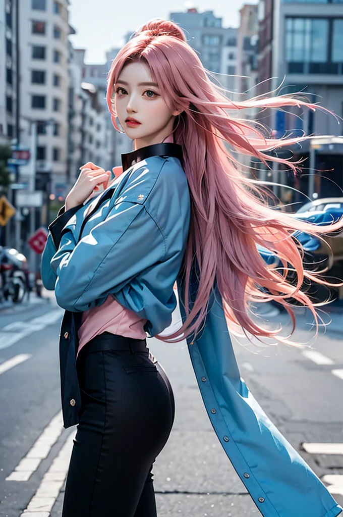 realistic, high resolution, 1 girl, butt up, beautiful eyes,power \(csm\), pink hair, Symbolic pupils, cross shaped eyes, blue jacket, collar shirt, black tie, black pants