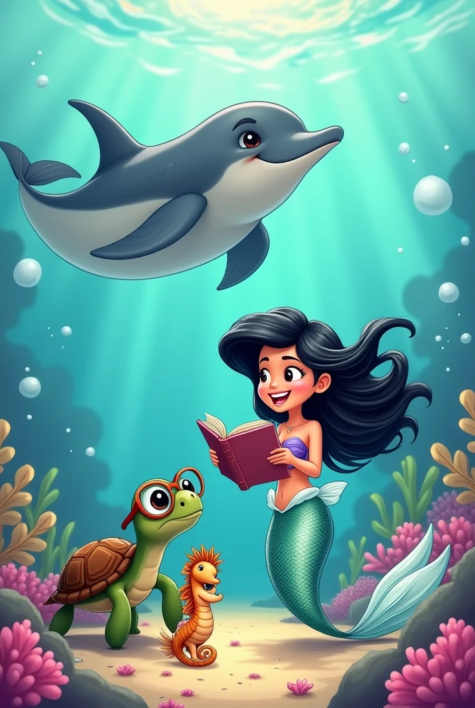 cartoon animation of a very cheerful little mermaid with black hair and a silver tail, cheerful next to a sea turtle with glasses and a book, also a small seahorse, a happy dolphin on its back and behind a large manta ray, They are all at the bottom of the sea