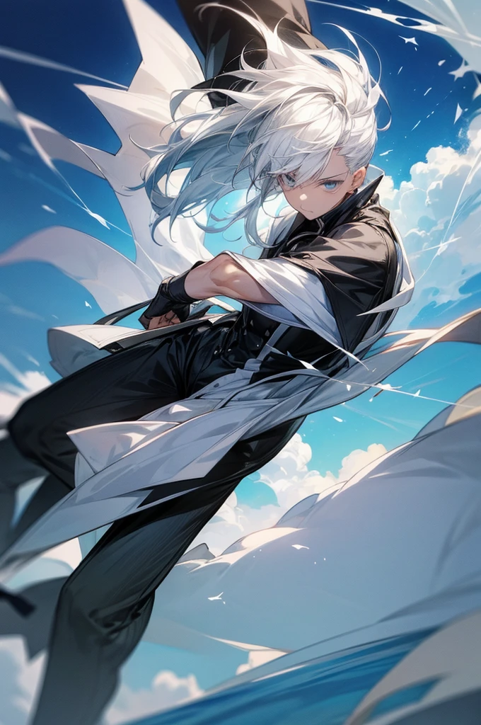 Man with black and white hair falling into a beautiful sky.