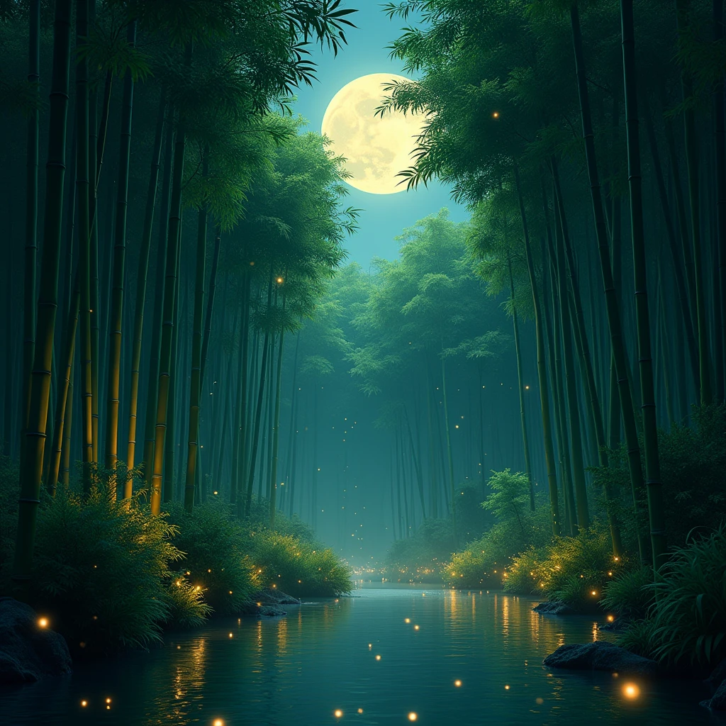 A lush bamboo forest at night, with a starry sky above, (best quality,4k,8k,highres,masterpiece:1.2),ultra-detailed,(realistic,photorealistic,photo-realistic:1.37),detailed bamboo trees,moonlight shining through the bamboo, glowing fireflies, serene pond reflection, mystical atmosphere, dramatic lighting, vibrant greens and blues