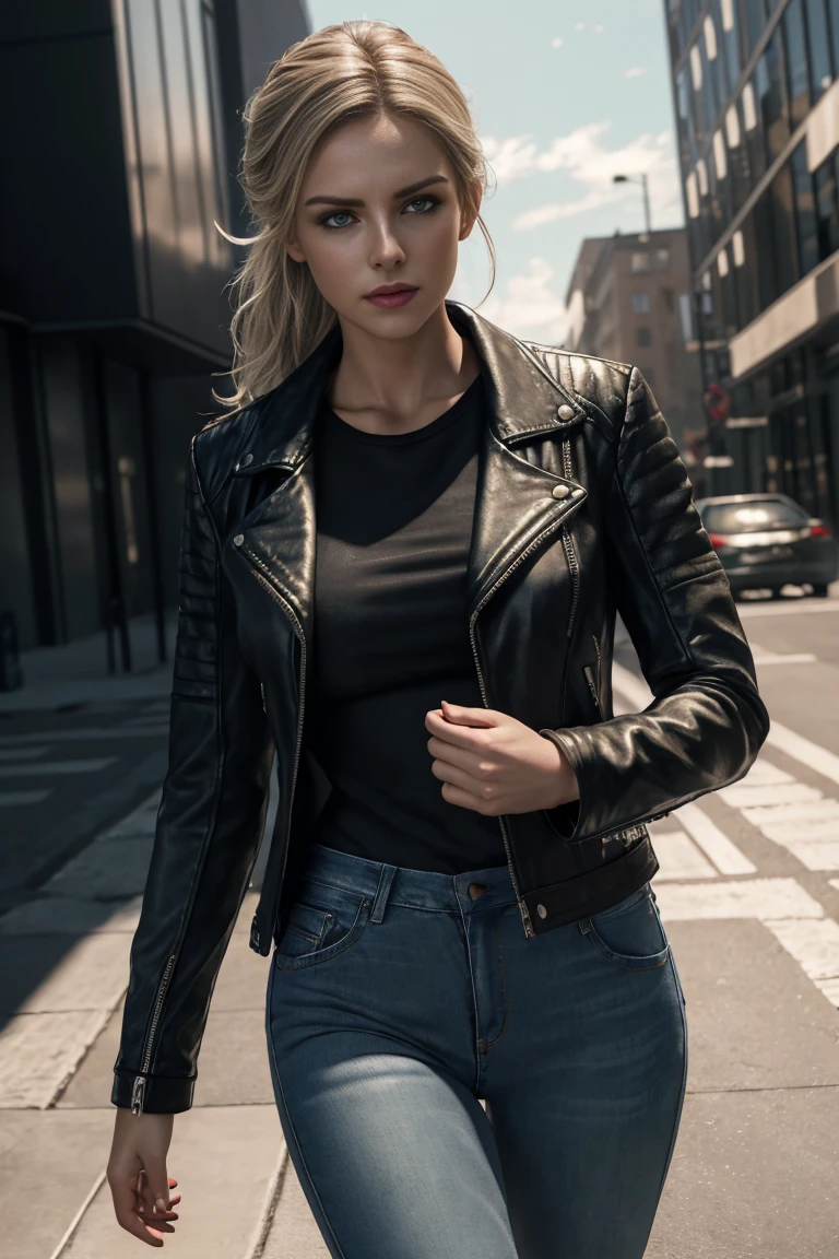design, interrior, interriordesign Masterpiece, best quality, (highly detailed raw photo:1.2), 8k render in octane, volumetric lighting, volumetric shadows portrait of a woman, (pasionate look), jeans, leather jacket, pullover, walking in city