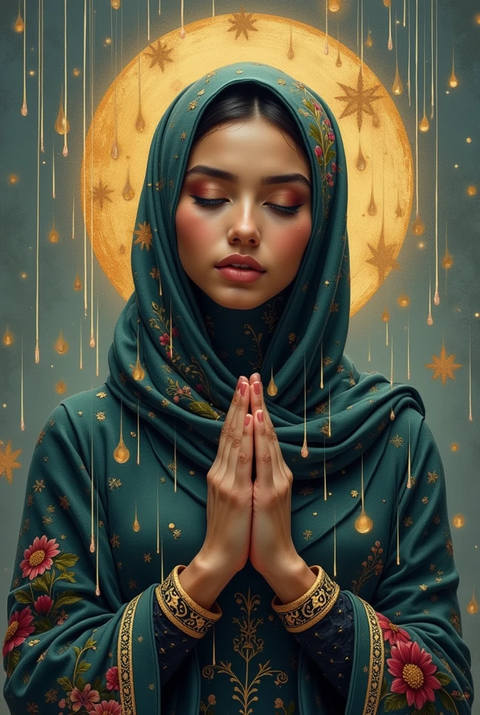 I am the rain that sees the most beautiful muslim woman, wearing hijab and touches her all over her body of different races giving her hope and faith and using only pastel colors  , The message I want to give is that there is hope, we just have to look for it.,  very royal style, detailed 24k unique piece uses the triangles of composition details of his whole body details in his hands illumination of hope and nostalgia climate of colors of humility