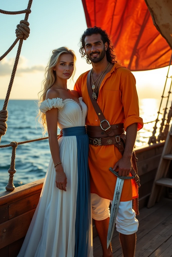 A pirate couple is standing on the deck of a ship, consisting of a blonde skinned Portuguese queen wearing a white and bhue dress and an Indian man wearing an orange kurta and white pajamas holding a sword, with an ancient Portuguese flag in the background. The man and the queen are smiling and looking at the viewer, and the ship is far away, and at sea. It is a time of ancient times 16th century