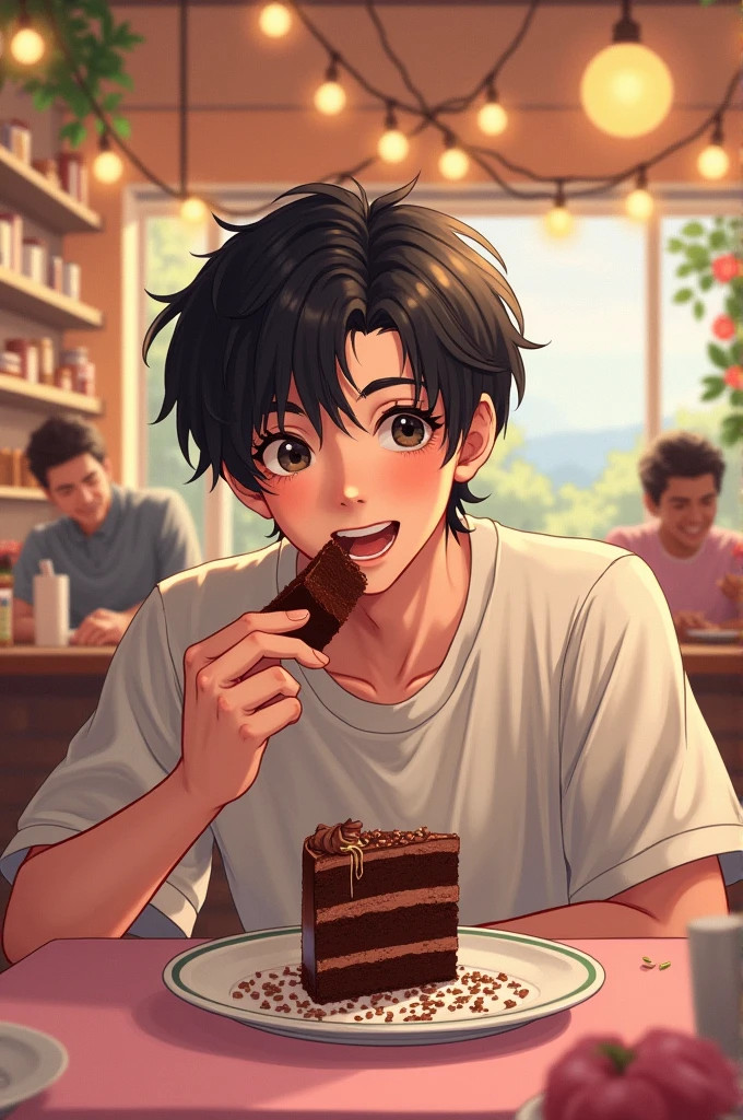Make me an image where Jungkook is eating a cake