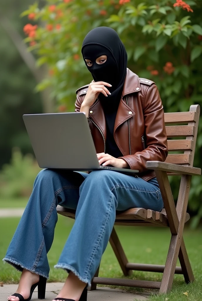 completely hidden face misterious white arabic woman wearing 2 eye holes black ski mask covering mouth and nose, without hair, brown biker leather jacket, wide leg denim pants, sitting on the chair on the garden, high hills sandals, crossing legs, hand under chin, working with computer