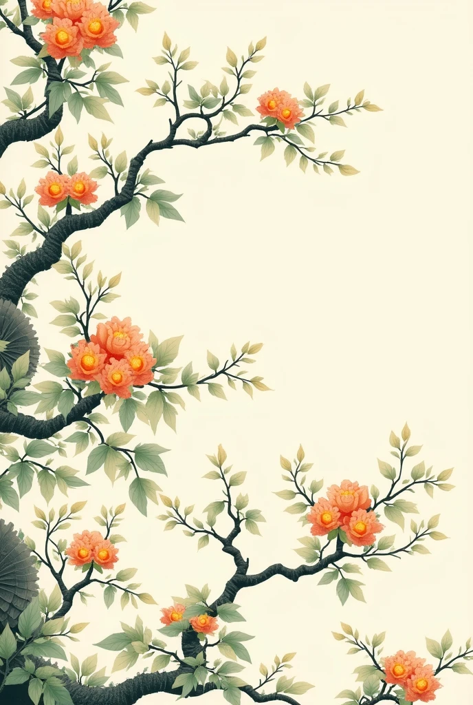 Create an image of an oriental design for a shirt, which has trees with thin branches, green leaves and orange flowers 