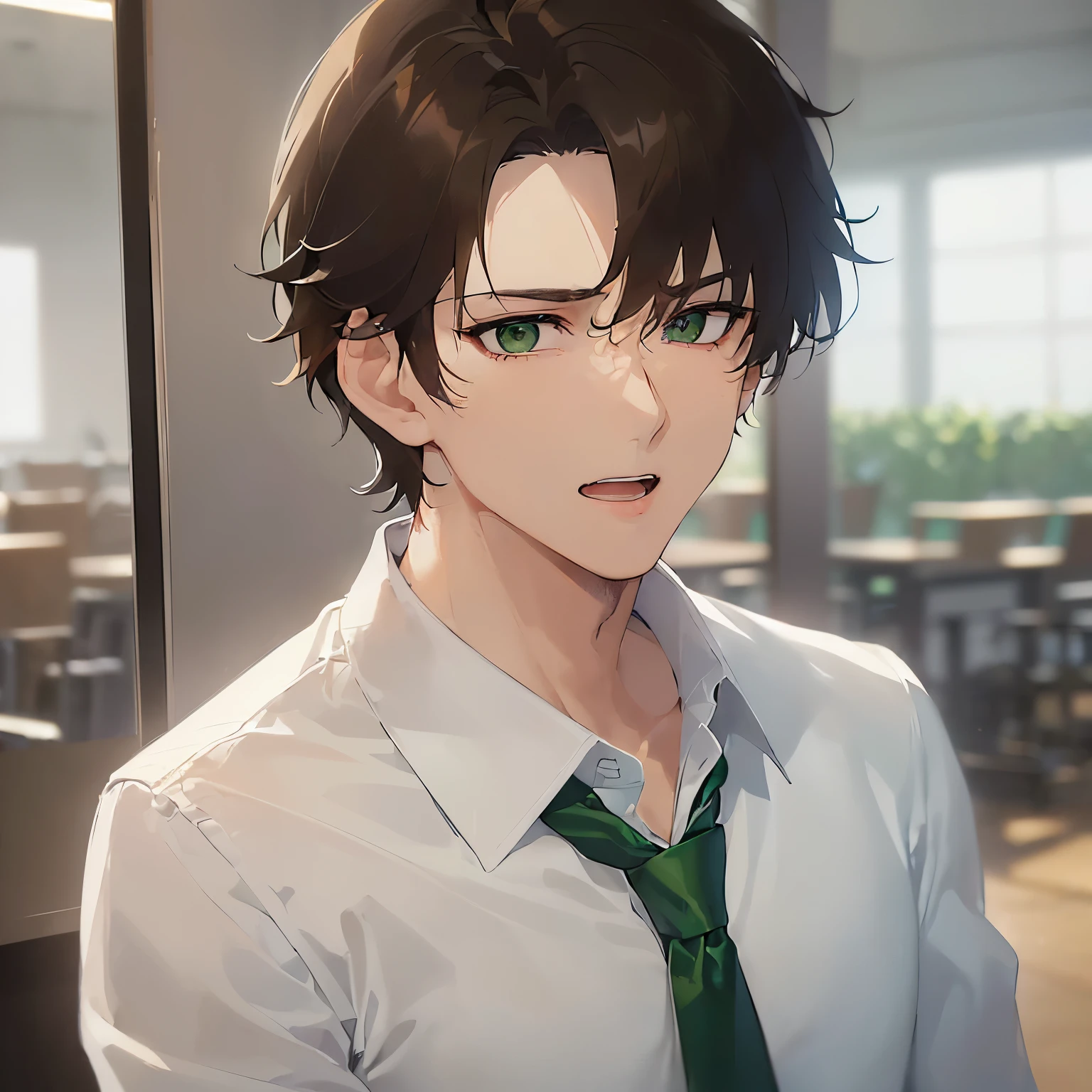 BREAK (25-year-old male:1.5) and (Brown short hair) and (Green Eyes)BREAK(looking at viewer:1.5),upper body,Are standing、
shiny skin, masterpiece、Highest quality、
BREAK (white collared shirt) and (Green tie)BREAK
serious、open mouth,The background is the conference room、(alone:1.5)