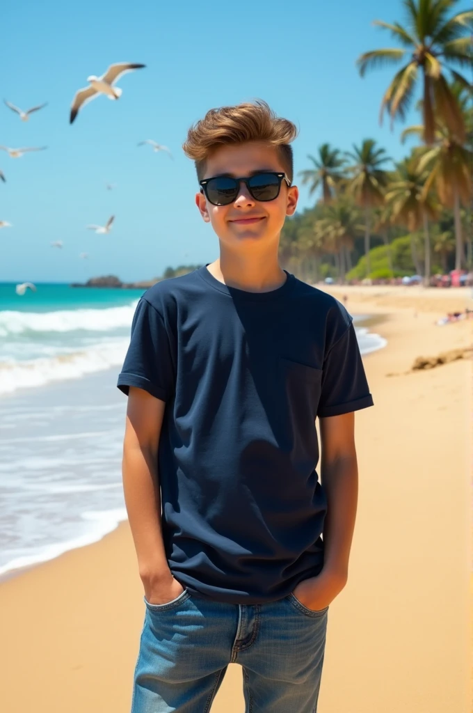 A boy which is 20 year's old.beside a beach wearing a dark blue t-shirt and Jeans with a sunglasses