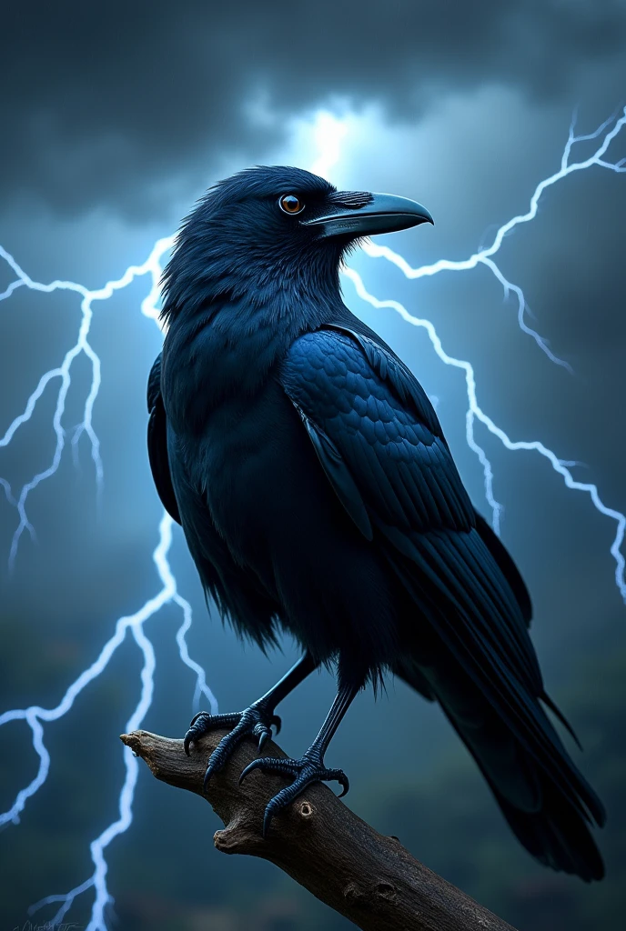 A crow with lighting up close