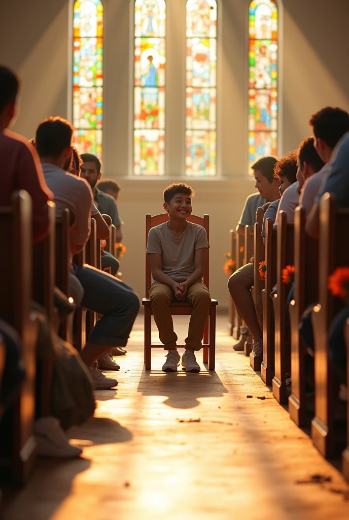 A group of Christian church pews where many happy young people are sitting , In the middle, there is an empty chair that makes the absence of a person facing forward noticeable. 
