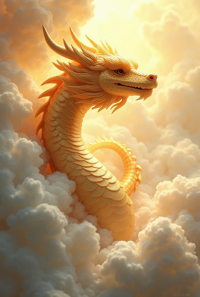 masterpiece, Highest quality,Japan Dragon God、golden dragon、smiling gently、With fluffy fur。An image of ascending to the heavens。The background is a sea of clouds。No wings