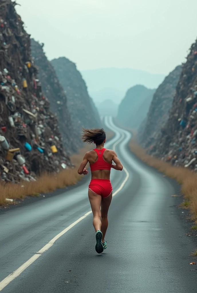 Road track with very large garbage and a runner