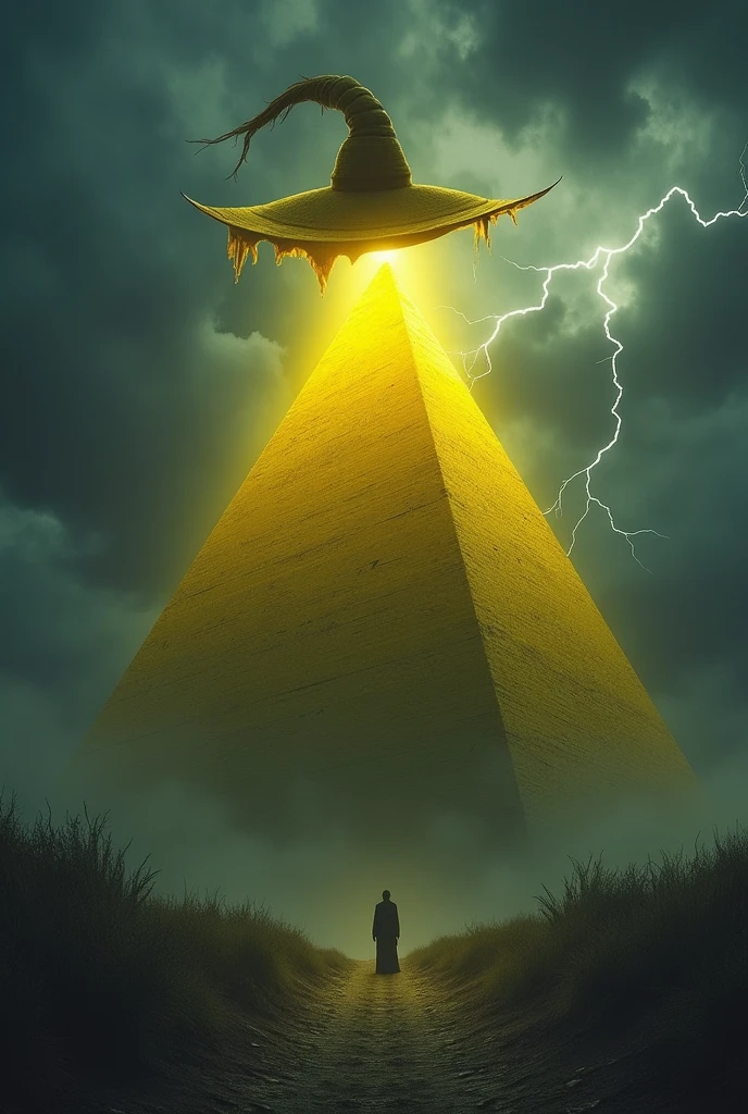 yellow Scary flying pyramid Eye of Providence with long hat