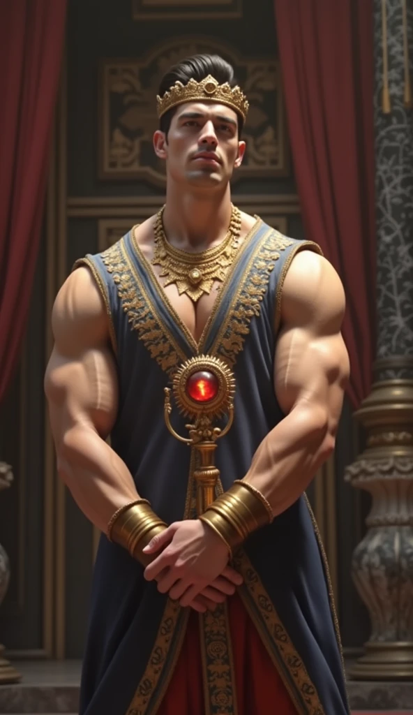 Imposing, strong, and handsome emperor holding a scepter