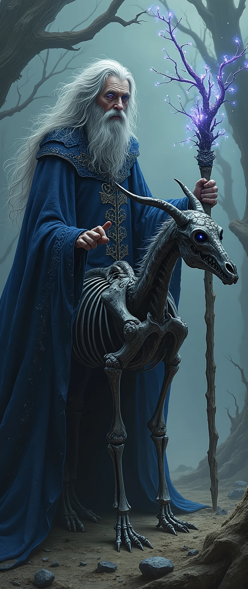 (masterpiece, hauntingly beautiful digital painting:1.4), ground-level perspective of a frail wizard inspired by Jim Varney, (wild silver hair:1.2) flowing dramatically, (distinctive hourglass-shaped pupils:1.4) glowing with deep arcane knowledge, towering over intricate dark blue and silver robes, adorned with mystical symbols, (weathered staff:1.2) raised high, crackling with magical energy, beside a witch-like woman astride a skeletal, winged beast, her long ebony hair woven with delicate, luminescent flowers cascading over her ornate, glowing gown, marvel of intricate bone structures beneath her, its wings outstretched ready for flight. They exist in a surreal, shadowy realm where twisted dreamscapes unravel—the gnarled trees reach out like spectral hands, and the swirling sky mixes deep purples and stormy grays, faint otherworldly lights twinkling in the distance. The atmosphere is steeped in gothic mysticism, blending the vulnerability and power of the wizard with the dark enchantment of the witch and her bizarre steed, inviting viewers into their captivating and mysterious world