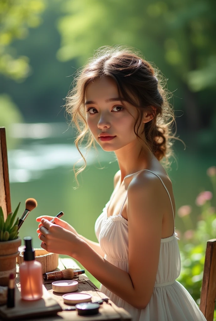 (RAW photos:1.2), (Reality), Hasselblad H6D-100c Photo, Beautiful and delicate girl, Very detailed eyes and face, Beautiful and delicate eyes, Huge file size, high resolution, Very detailed, best quality, [On the table:1.6], illustration, Very detailed, nffsw, Fine details, best quality, 32K Wallpaper, Movie Lighting, In a beautiful natural place, Stunning scenery, Beautiful woman, Mixing makeup, , Perfect body shape, [Large target, Heavy breasts, D cup: 1.9], Beautiful big eyes, curls,Body, Cowboy shooting, Camel toe