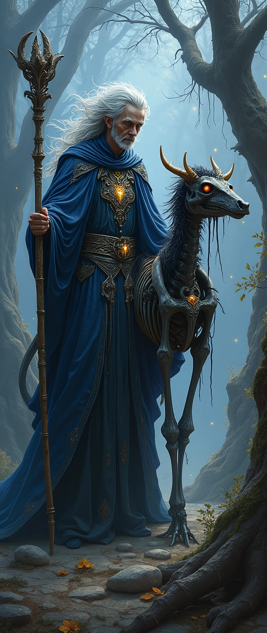 (masterpiece, hauntingly beautiful digital painting:1.4), ground-level perspective of a frail wizard inspired by Jim Varney, (wild silver hair:1.2) flowing dramatically, (distinctive hourglass-shaped pupils:1.4) glowing with deep arcane knowledge, towering over intricate dark blue and silver robes, adorned with mystical symbols, (weathered staff:1.2) raised high, crackling with magical energy, beside a witch-like woman astride a skeletal, winged beast, her long ebony hair woven with delicate, luminescent flowers cascading over her ornate, glowing gown, marvel of intricate bone structures beneath her, its wings outstretched ready for flight. They exist in a surreal, shadowy realm where twisted dreamscapes unravel—the gnarled trees reach out like spectral hands, and the swirling sky mixes deep purples and stormy grays, faint otherworldly lights twinkling in the distance. The atmosphere is steeped in gothic mysticism, blending the vulnerability and power of the wizard with the dark enchantment of the witch and her bizarre steed, inviting viewers into their captivating and mysterious world