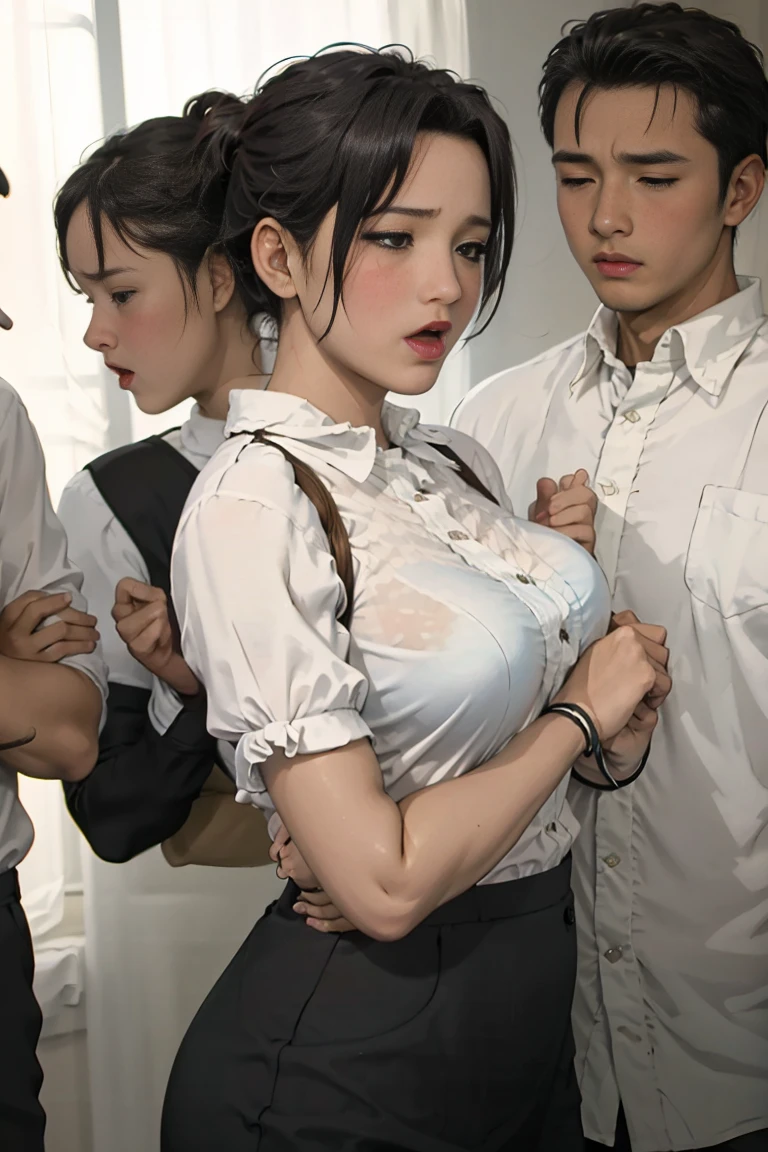 Crowd in the background,masterpiece,Highest quality,High resolution,Anatomically correct,business suit,Short Sleeve Button Down Shirt,Short skirt,Sweat,barefoot，huge breasts，bend over，hands on pants，blush face,Glowing Skin,Ahegao,Forehead,Bob,ID card,vibrator,5 men:2.0,,Surrounded by men:2.0,smartphone，tongue out，hug a blackman and kiss eachother