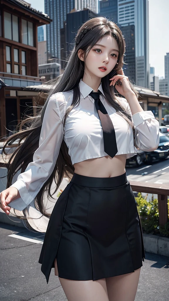 realistic, high resolution, 1 woman, butt up, beautiful eyes, gray hair, long hair, round eyes, collar shirt, belly button visible, black tie, black skirt, Rooftop of a downtown building, Short skirts that show panties, dressed like a student