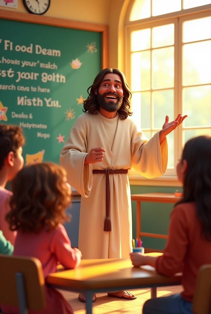 Help me with an image of a joyful Jesus teaching teachers about the joy of a new school year in Pixar style, showing the teachers.