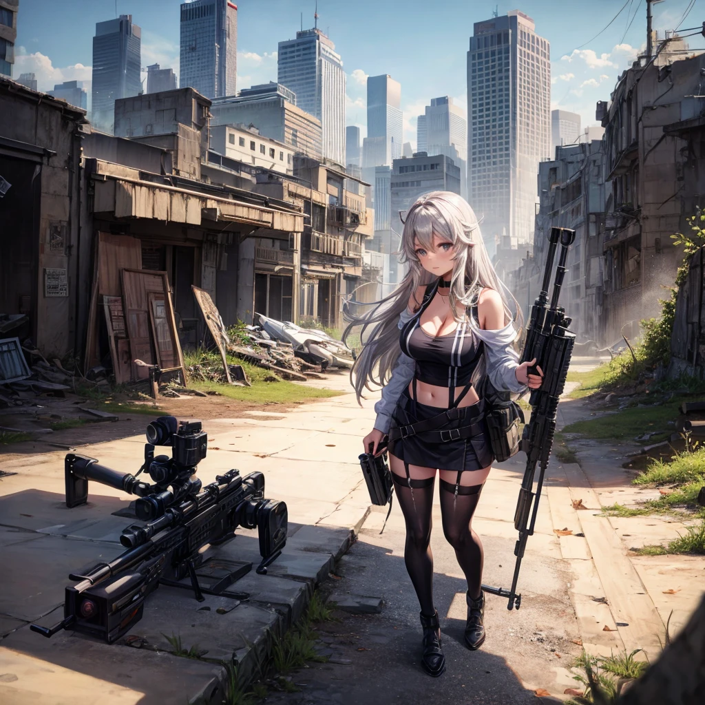In the ruined city,Sniper rifle,Mecha,battlefield,black stockings,Large Breasts,cleavage