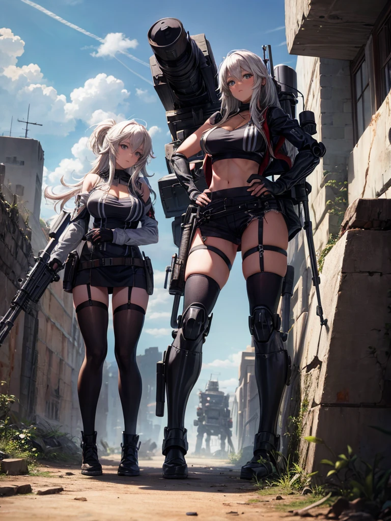 In the ruined city，Sniper rifle，Mecha，battlefield，black stockings，Large Breasts，cleavage