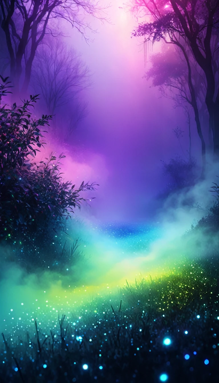 mysterious fog, iridescent, neon dust, shading effects, gradation magic effects, foggy filter effects, glitter effects, graphic CG digital art