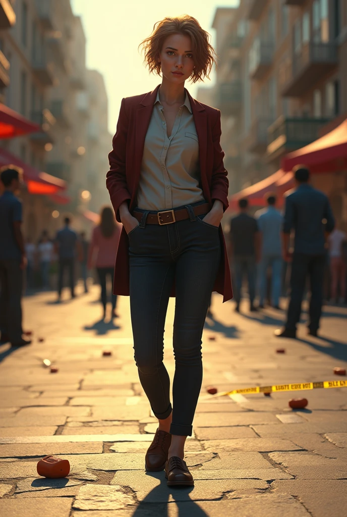 ((best quality)), (rated pg), (detailed), textured skin, realistic, ultra realistic, cyberRealistic, whole body, rated pg, crime scene, day background