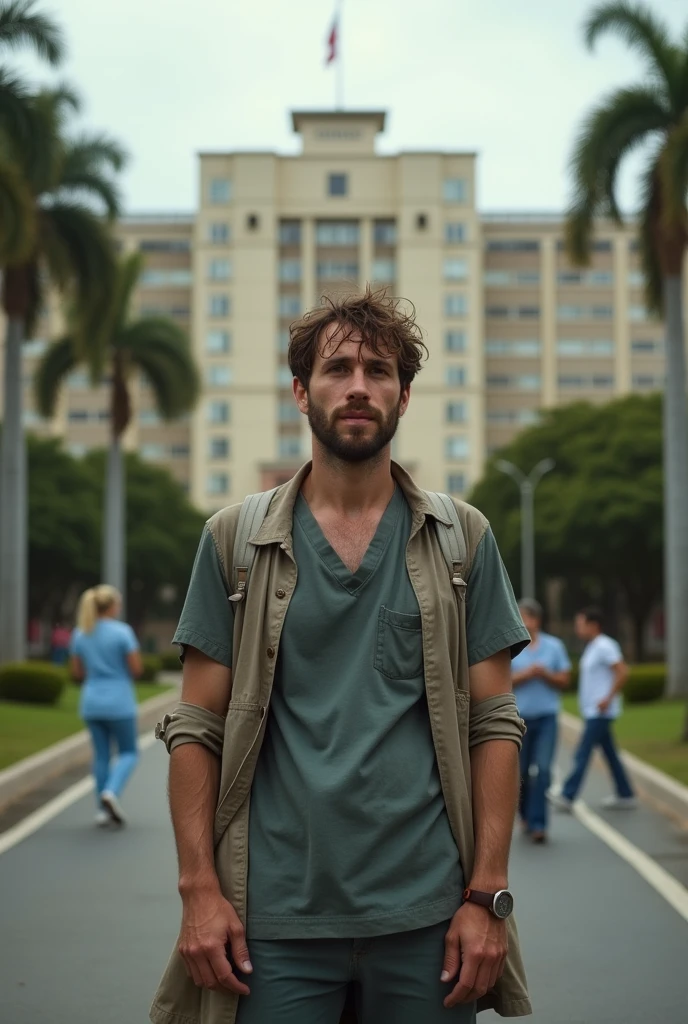 A tired patient in front of the hospital, with hope in his eyes.