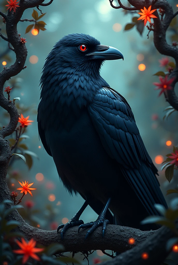 A black crow, with astonishing red eyes, with intricate black feather wings, that convey a sense of (fantasy) realism, blending seamlessly with the detailed pattern of a fantastical environment where the bird looks fearless and wise, with a slightly menacing air, as if ready to take flight amidst a mysterious backdrop. The illustration is in a hyperrealistic style that captures the essence of nature's beauty, with dynamic lighting that brings out the vivid colors of the bird's feathers and the surrounding environment, providing a visually stunning and hyperdetailed composition that exudes an air of artistry and natural splendor