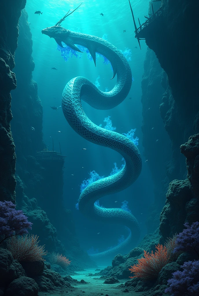Create a Subnautica leviathan that resembles a snake with blue flames.