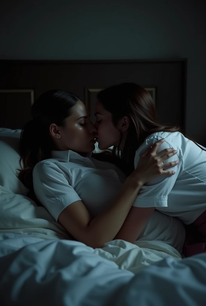 The sexy office girl is wearing a white office uniform. She is hot. She is lying on the bed. She is wearing a white shirt. She is sexy. She is kissing another female employee. They are kissing passionately. They are hugging and kissing passionately, but one of them seems reluctant. One of them is being forced. They are lying in each other's arms in the darkness, they are angry with each other.