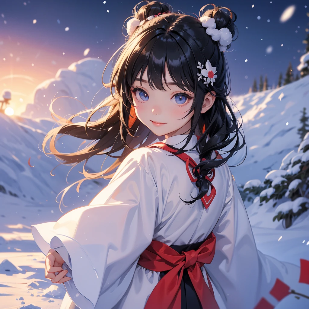 A chibi child girl had a small face and Wearing a little blue Taoist priest's outfit. A pair of big round eyes shone with curiosity about him. This child was so cute! Amidst the pure white snow, the snow is falling lightly, watching the snow fall one by one, her hair is black with two buns on her hair.small chibi, chibi baby, smiling ,Chibi. Sunset.
The snow is falling, black hair with two buns.