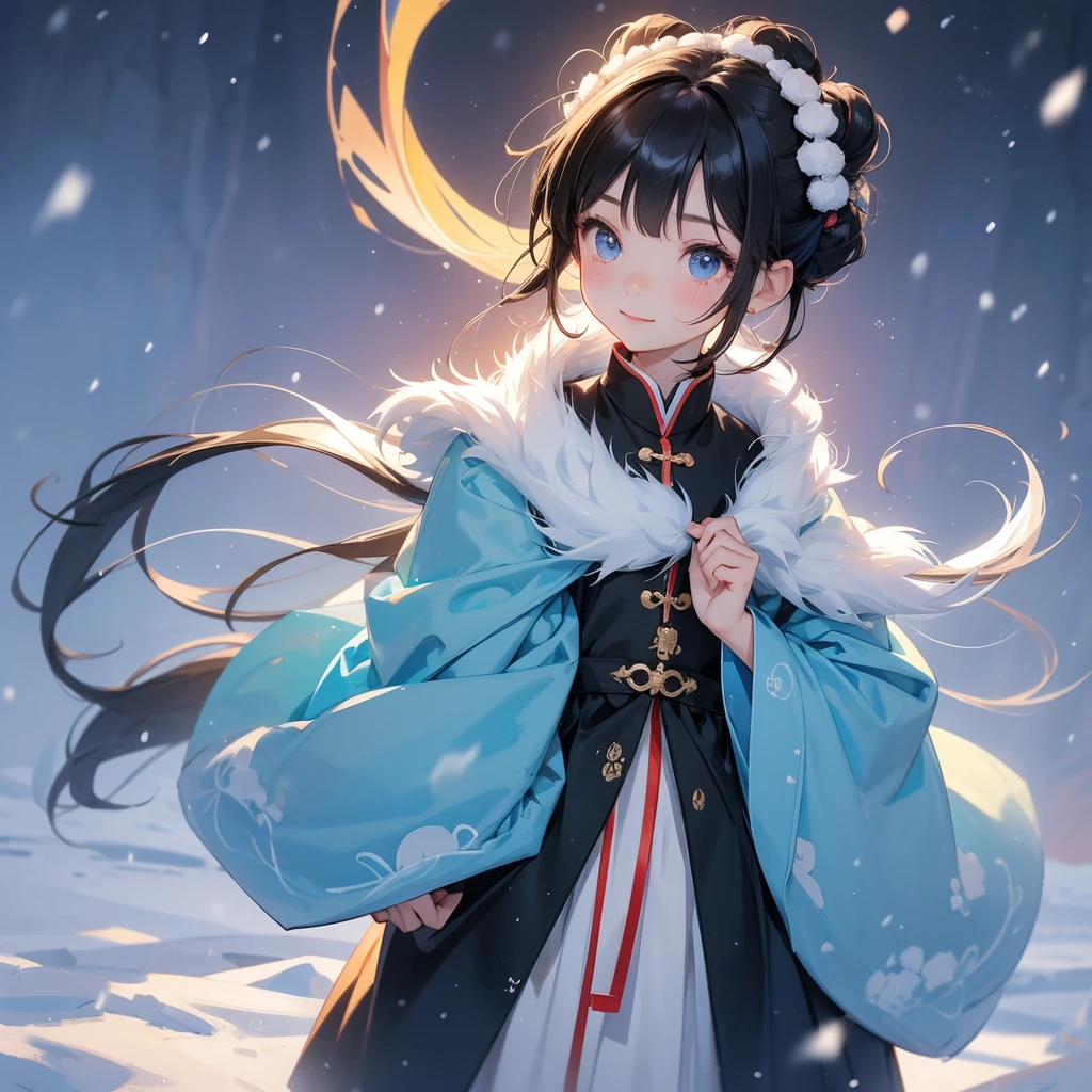 A chibi child girl had a small face and Wearing a little blue Taoist priest's outfit. A pair of big round eyes shone with curiosity about him. This child was so cute! Amidst the pure white snow, the snow is falling lightly, watching the snow fall one by one, her hair is black with two buns on her hair.small chibi, chibi baby, smiling ,Chibi. Sunset.

The snow is falling, black hair with two buns.
