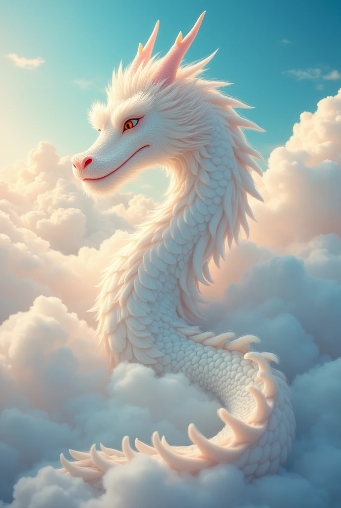 masterpiece, Highest quality,Japan Dragon God、white dragon、smiling gently、With fluffy fur。An image of ascending to the heavens。The background is a sea of clouds。It has no wings and a long torso.