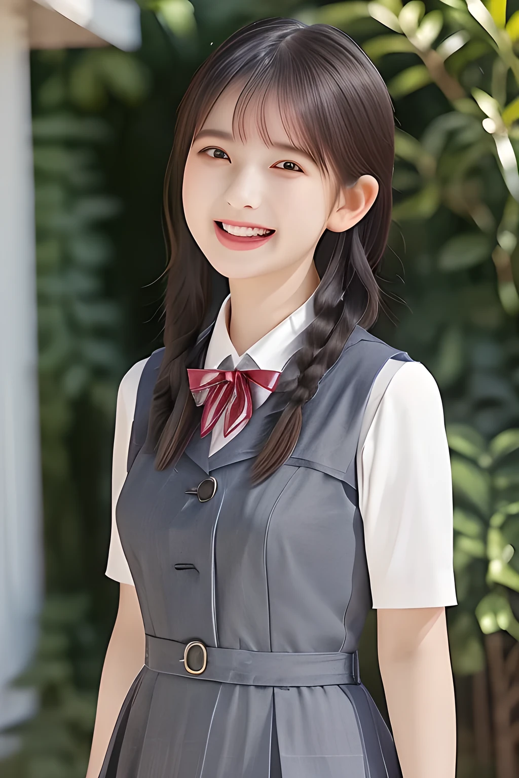 (highest quality, masterpiece, high resolution:1.2), 4K, (Photo quality detailed face: 1.2), (Giorgione painting style: 0.8), geometry, (16 yo cute girly Japanese girl with very detailed graceful cute smiling face: 1.2), Laughing cutely, (neat girly white short-sleeves school blouse: 1.0), (puffed short sleeves: 1.0), (big sharp breast: 1.4), (Dark red glossy school ribbon on the breast: 1.0), (Light gray Japanese school girly vest Uniform: 1.2), (Light gray short school boxed pleated skirt: 1.2), (Extremely laughing white cheeks: 1.0), (Beautiful dolly dolly large clear laughing noble eyes with very detailed well: 1.4), (Too much white clear skin: 1.2), (Long bottom eyelashes: 1.2), (Glossy lips: 1.0), (braids under her ears: 1.3), (Full body shot: 1.3)