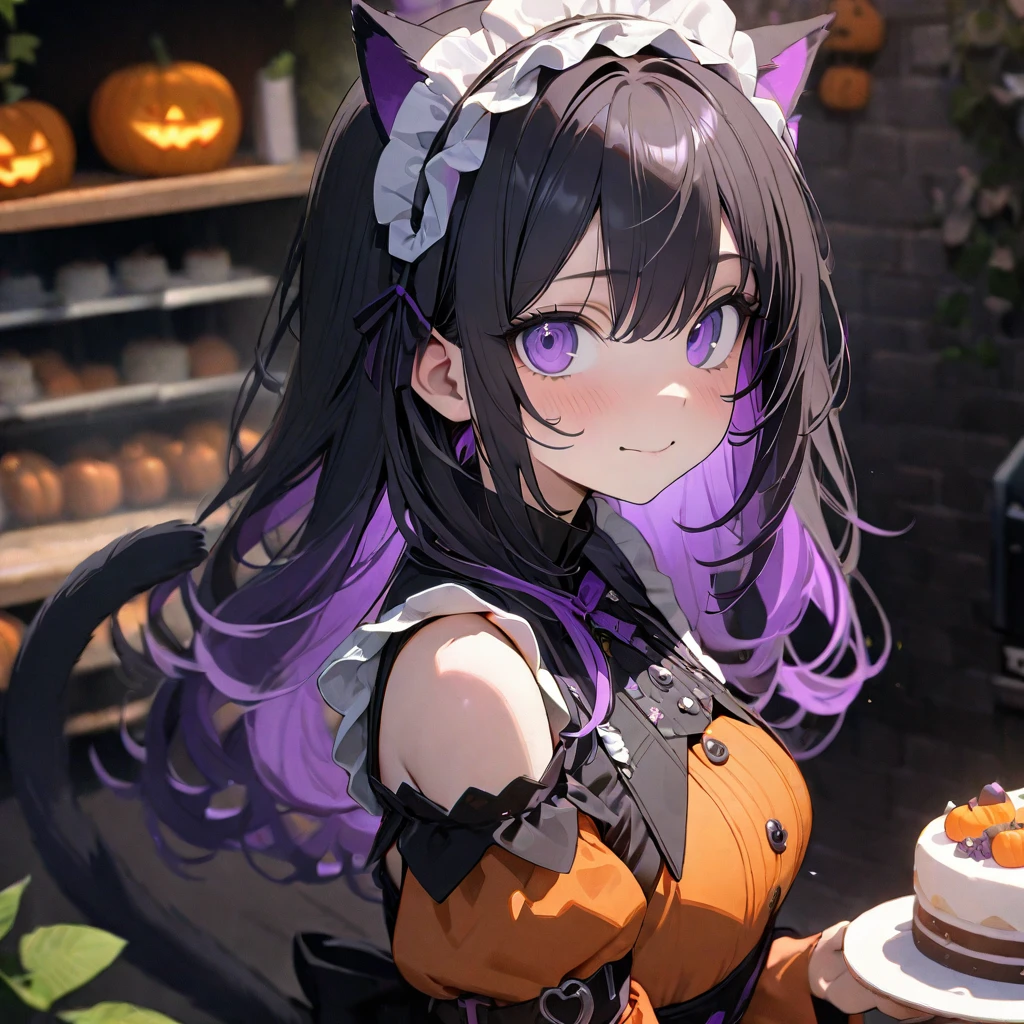 (8K, best quality, master piece: 1.2),super high resolution,1 idol,solo,yo,ultra-detailed face,detailed eyes,purple eyes,mascara,black hair,purple inner hair,curl outward hair,Cold-Shoulder Sleeves,orange Halloween dress, gothic fashion,pumpkin and ribbon maid headdress,smile,wavy mouth,black Cat ears,Black cat tail,looking at viewer,Cowboy Shot,(depth of field:1.3),cute,portrait,holding a Halloween cake,Ivy on the wall,indoors cake shop,highly detailed illustration,masterpiece,8K,top quality