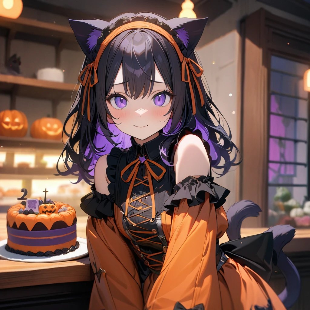 (8K, best quality, master piece: 1.2),super high resolution,1 idol,solo,16yo,ultra-detailed face,detailed eyes,purple eyes,mascara,black hair,purple inner hair,curl outward hair,Cold-Shoulder Sleeves,orange Halloween dress, gothic fashion,pumpkin and ribbon maid headdress,smile,wavy mouth,black Cat ears,Black cat tail,looking at viewer,Cowboy Shot,(depth of field:1.3),cute,portrait,holding a Halloween cake,Ivy on the wall,indoors cake shop,highly detailed illustration,masterpiece,8K,top quality