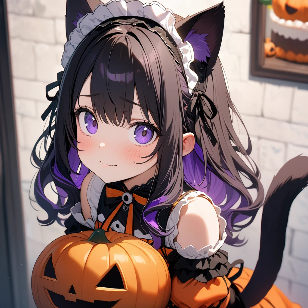(8K, best quality, master piece: 1.2),super high resolution,1 idol,solo,16yo,ultra-detailed face,detailed eyes,purple eyes,mascara,black hair,purple inner hair,curl outward hair,Cold-Shoulder Sleeves,orange Halloween dress, gothic fashion,pumpkin and ribbon maid headdress,smile,wavy mouth,black Cat ears,Black cat tail,looking at viewer,Cowboy Shot,(depth of field:1.3),cute,portrait,holding a Halloween cake,Ivy on the wall,indoors cake shop,highly detailed illustration,masterpiece,8K,top quality